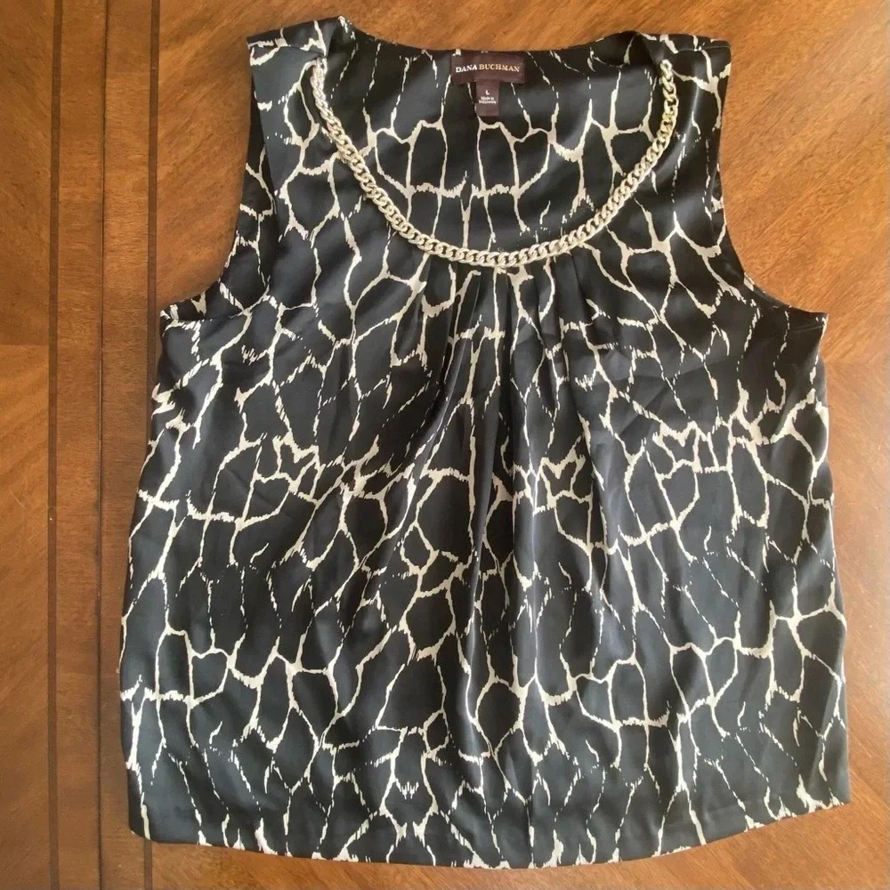 Dana Buchman Women's Sleeveless Chain Neck Blouse Blk/Beige Silky Feel Large EUC